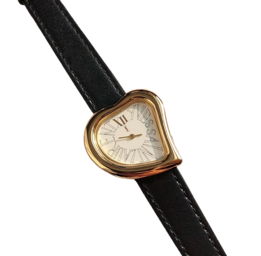 YSL Vintage Gold Heart Watch in black leather belt