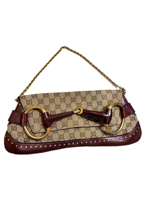 Gucci Burgundy & Brown Monogram Canvas Horsebit Shoulder Bag