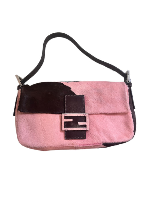 Fendi pink cow print baguette handbag