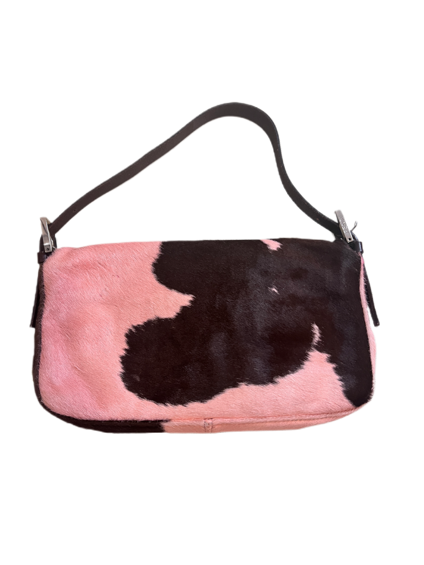 Fendi pink cow print baguette handbag