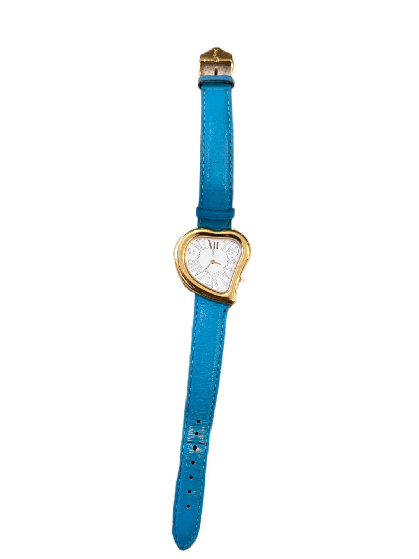 YSL Vintage Gold Heart Watch in blue leather belt