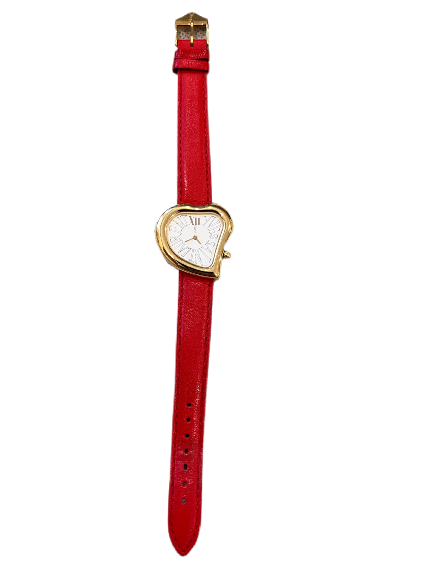 YSL Gold heart watch in red belt