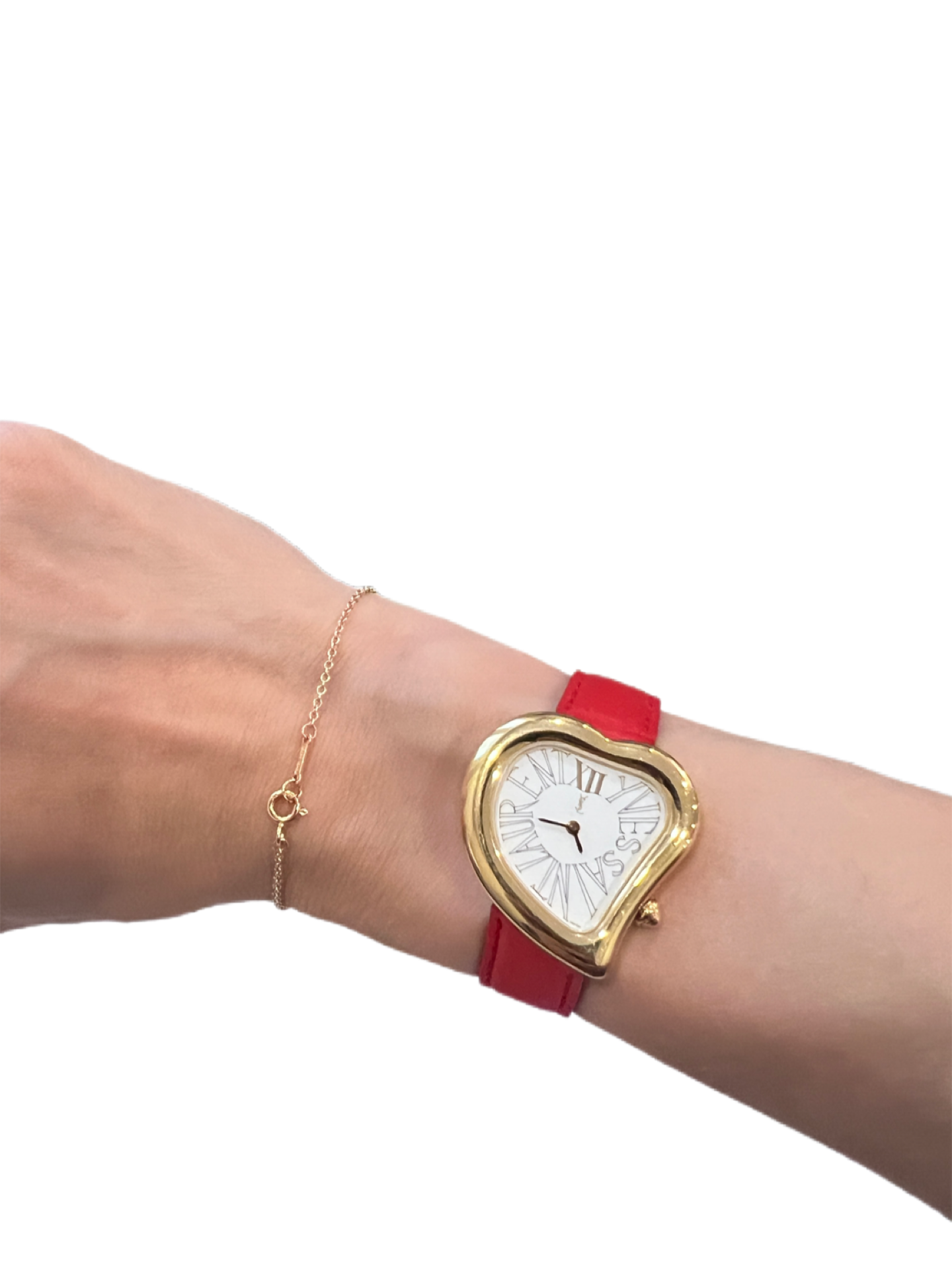 YSL Gold heart watch in red belt