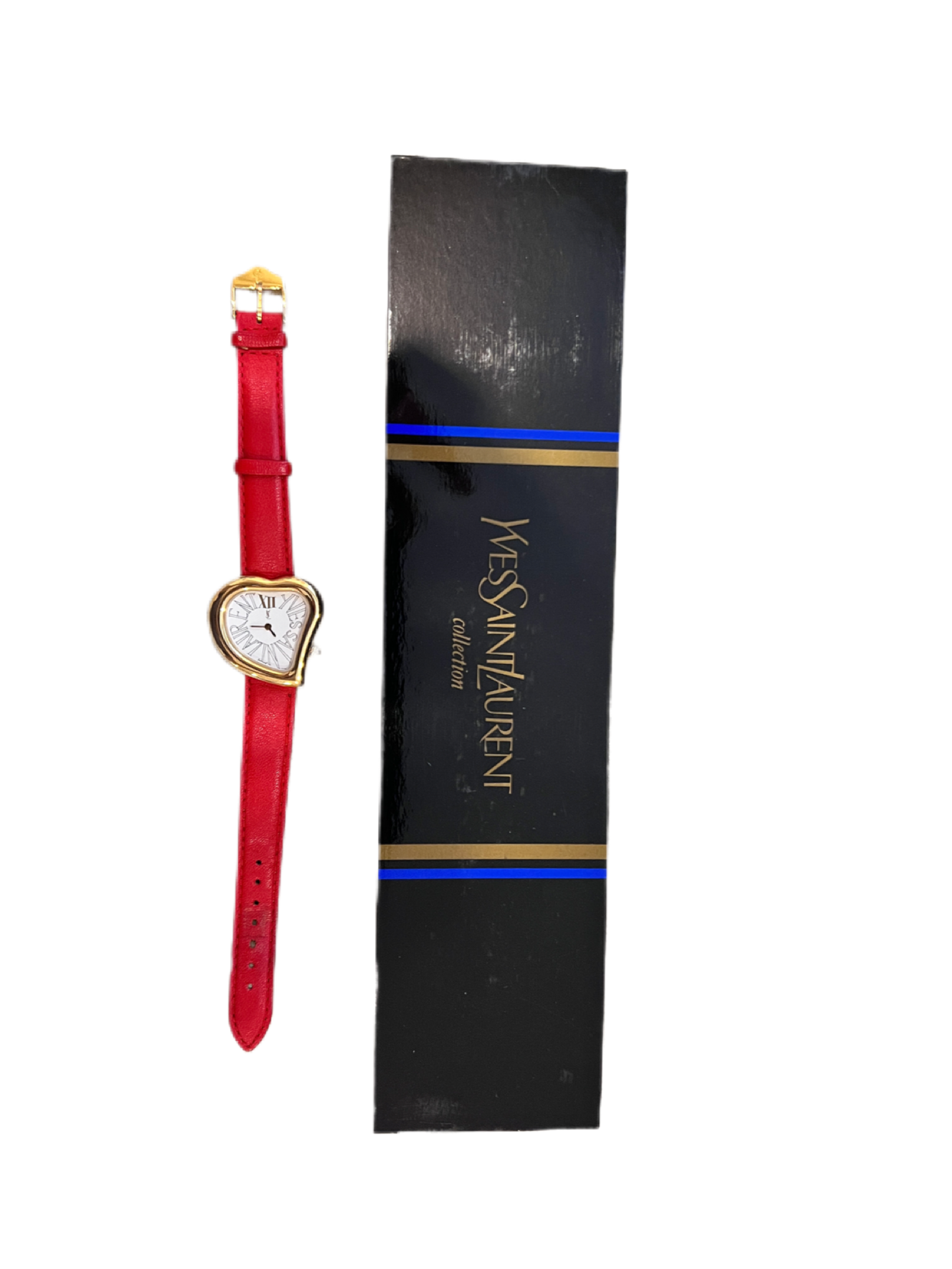 YSL Gold heart watch in red belt