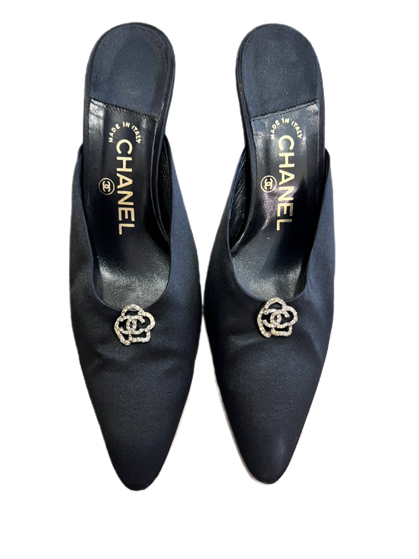 Chanel vintage Satin Mules with Crystal Camellia size 38