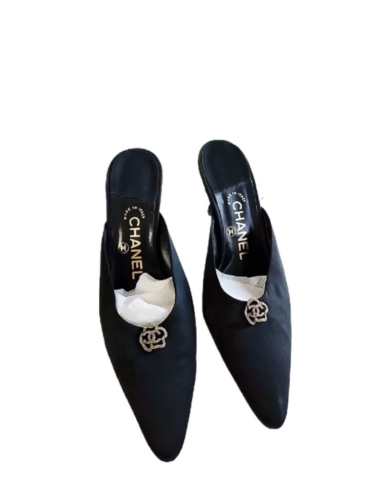 Chanel vintage Satin Mules with Crystal Camellia size 38