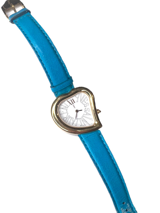 YSL Vintage Gold Heart Watch in blue leather belt