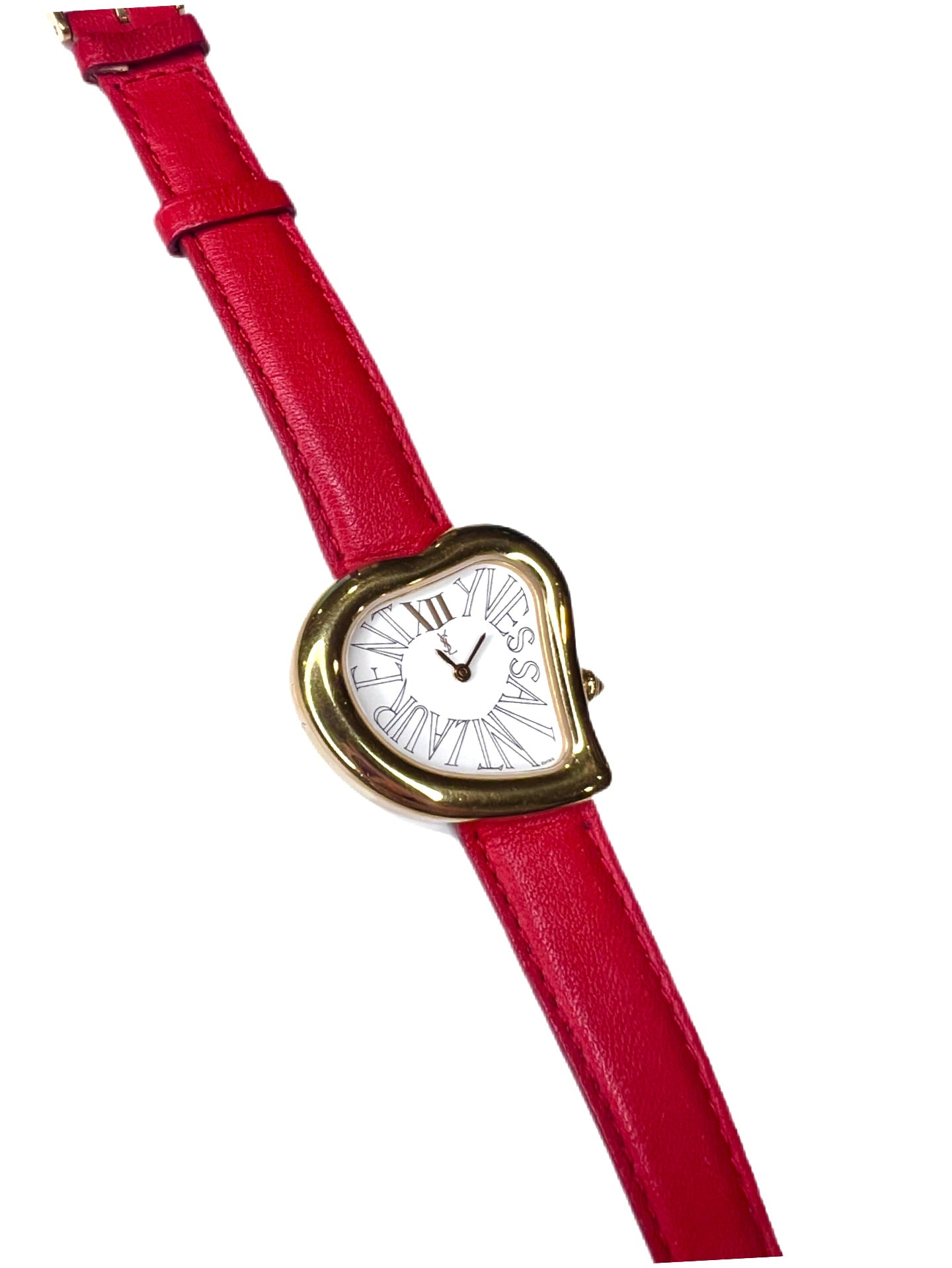 YSL Gold heart watch in red belt