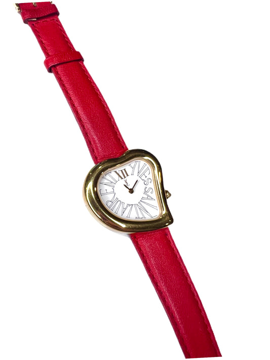 YSL Gold heart watch in red belt