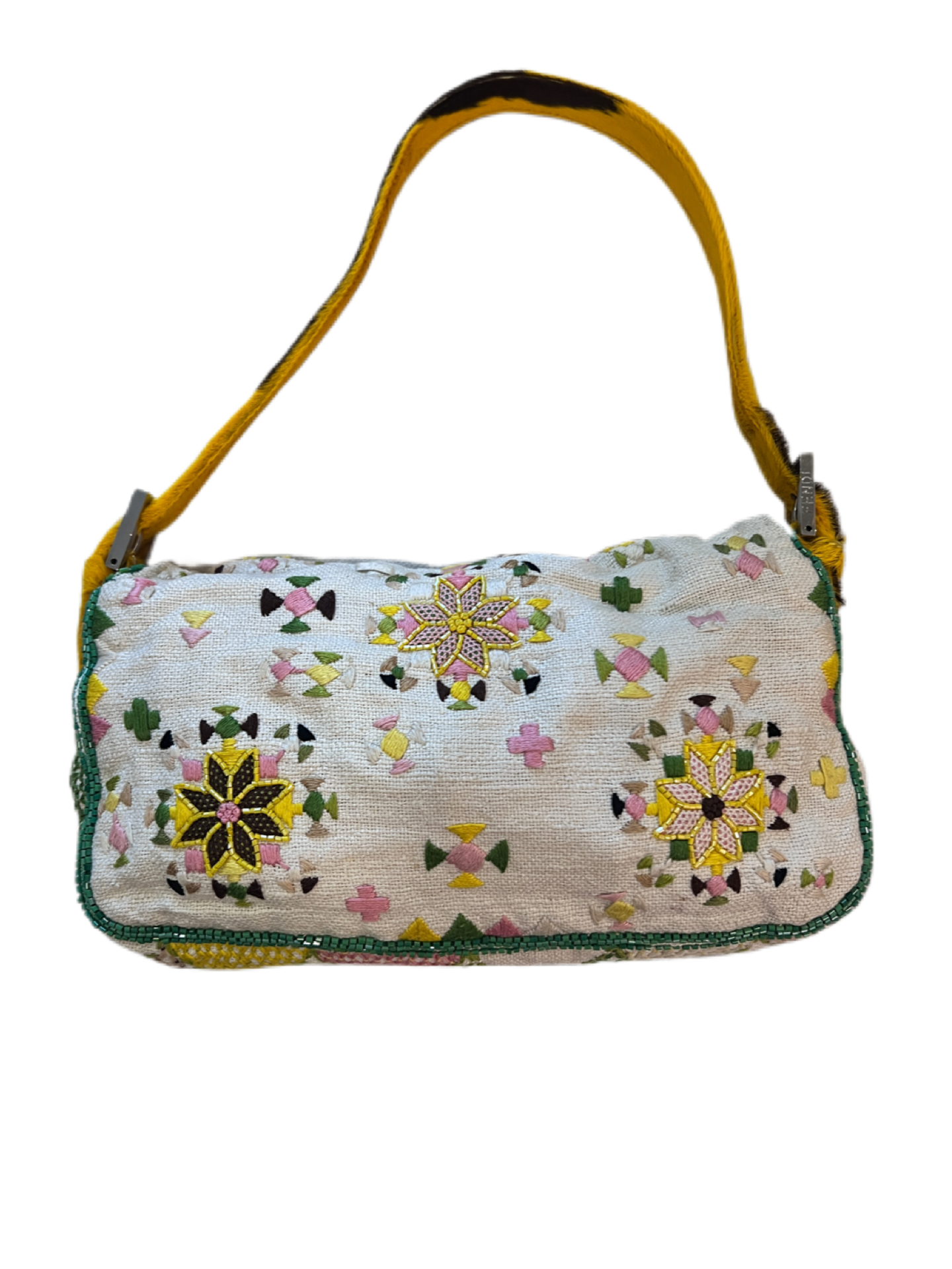 Fendi Yellow Pony-style Calfskin  Embroidered Baguette