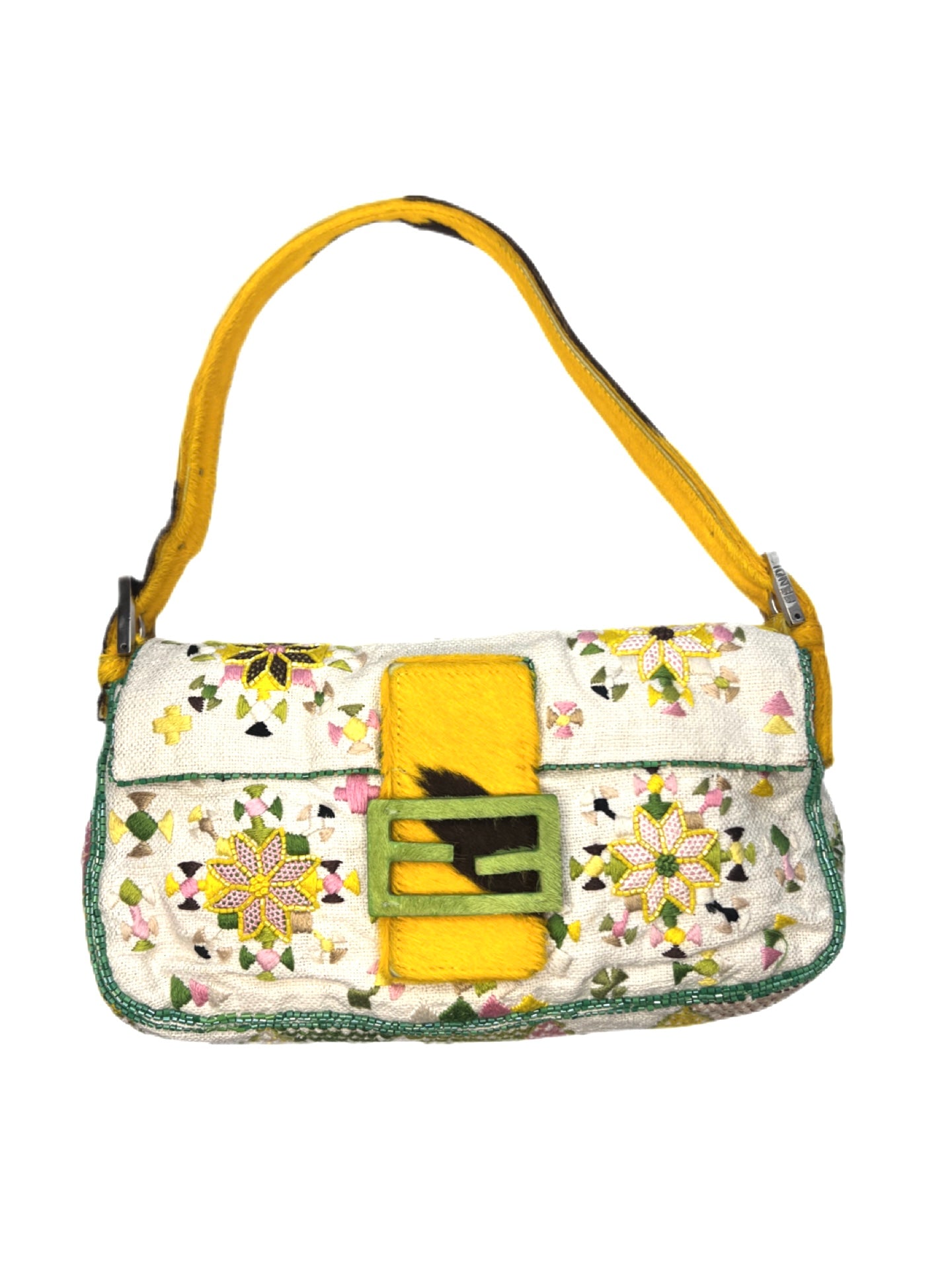 Fendi Yellow Pony-style Calfskin  Embroidered Baguette