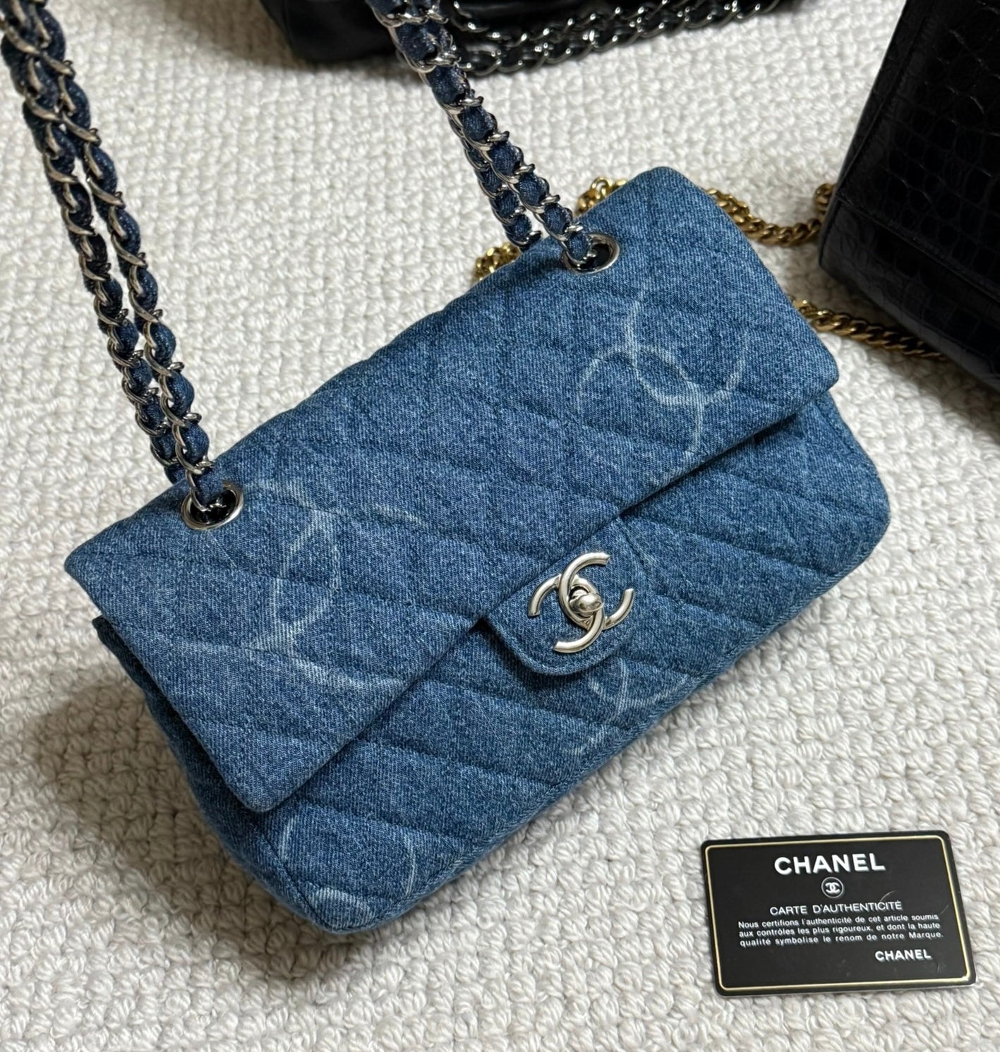 Chanel single classic flap bag CC printed denim medium