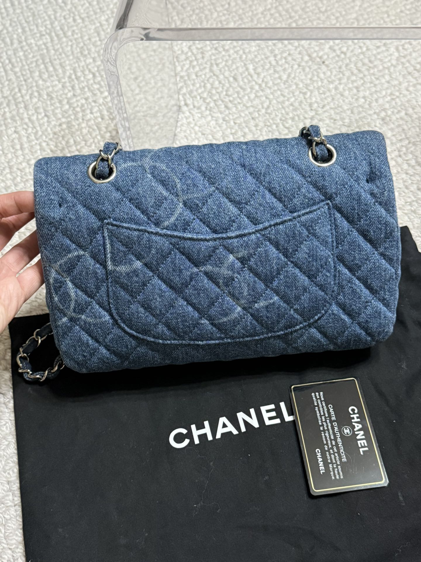 Chanel single classic flap bag CC printed denim medium