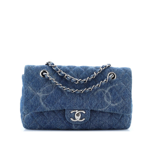 Chanel single classic flap bag CC printed denim medium